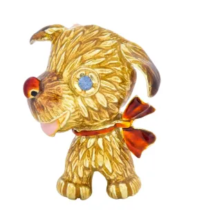 1960's Vintage Enamel Sapphire 14 Karat Gold Puppy Dog Brooch