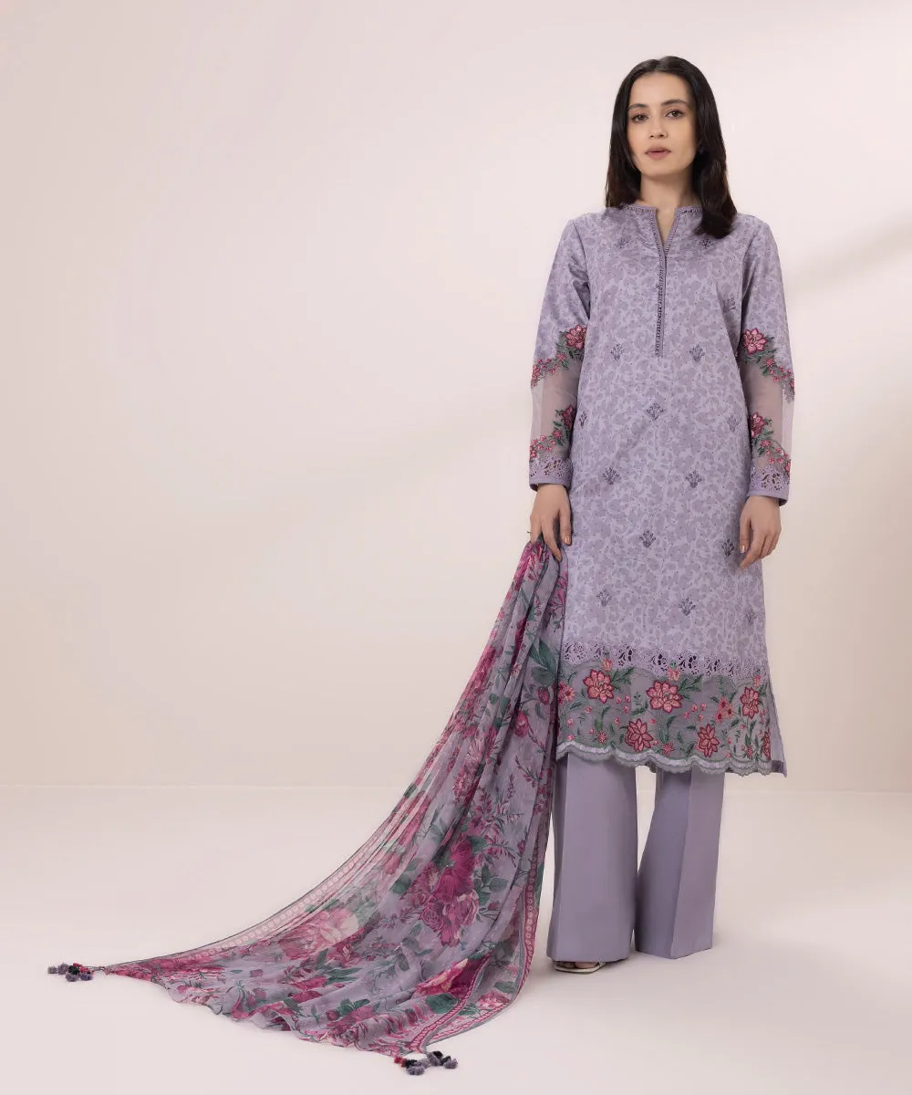 3 Piece - Embroidered Cotton Satin Suit