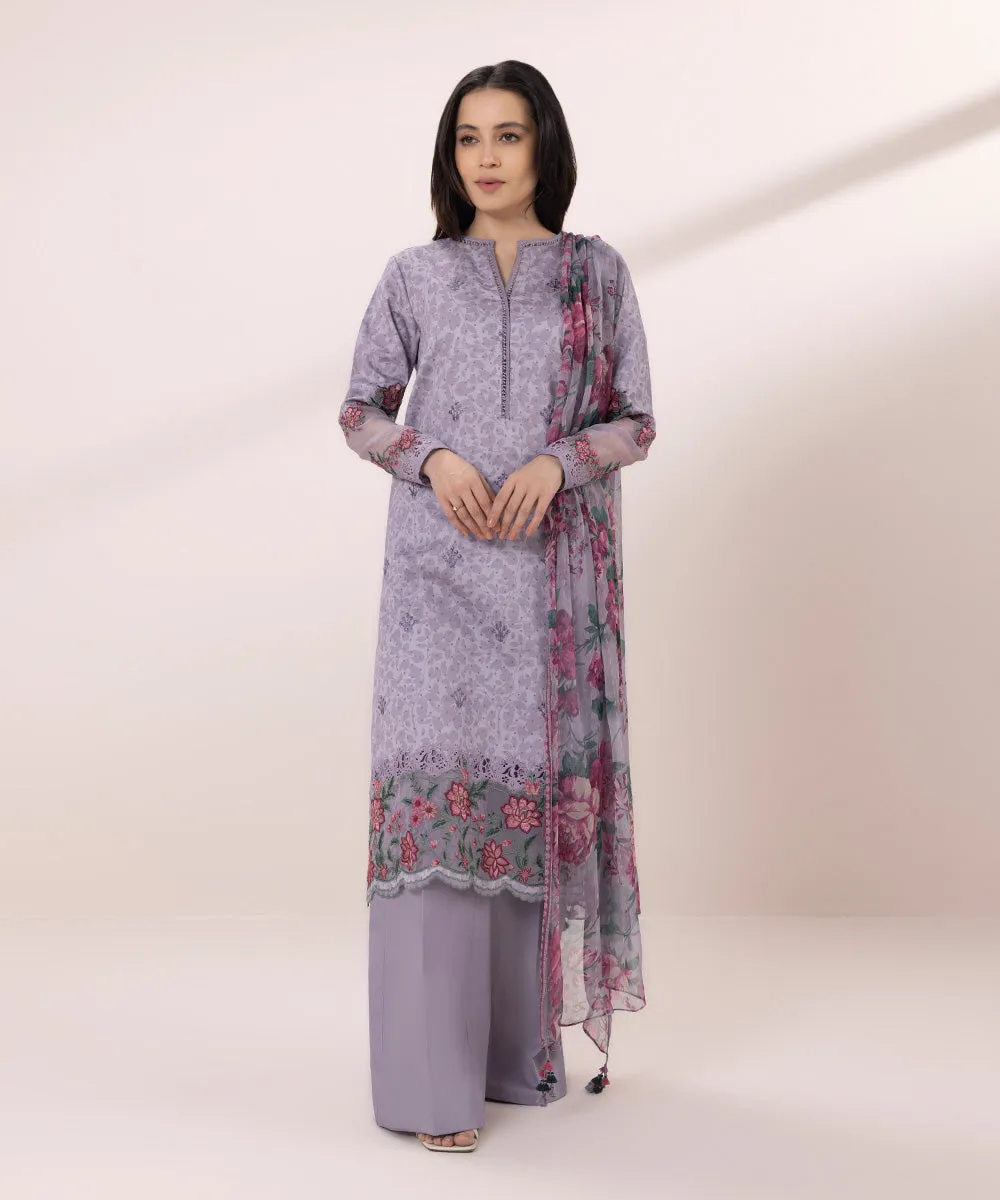 3 Piece - Embroidered Cotton Satin Suit