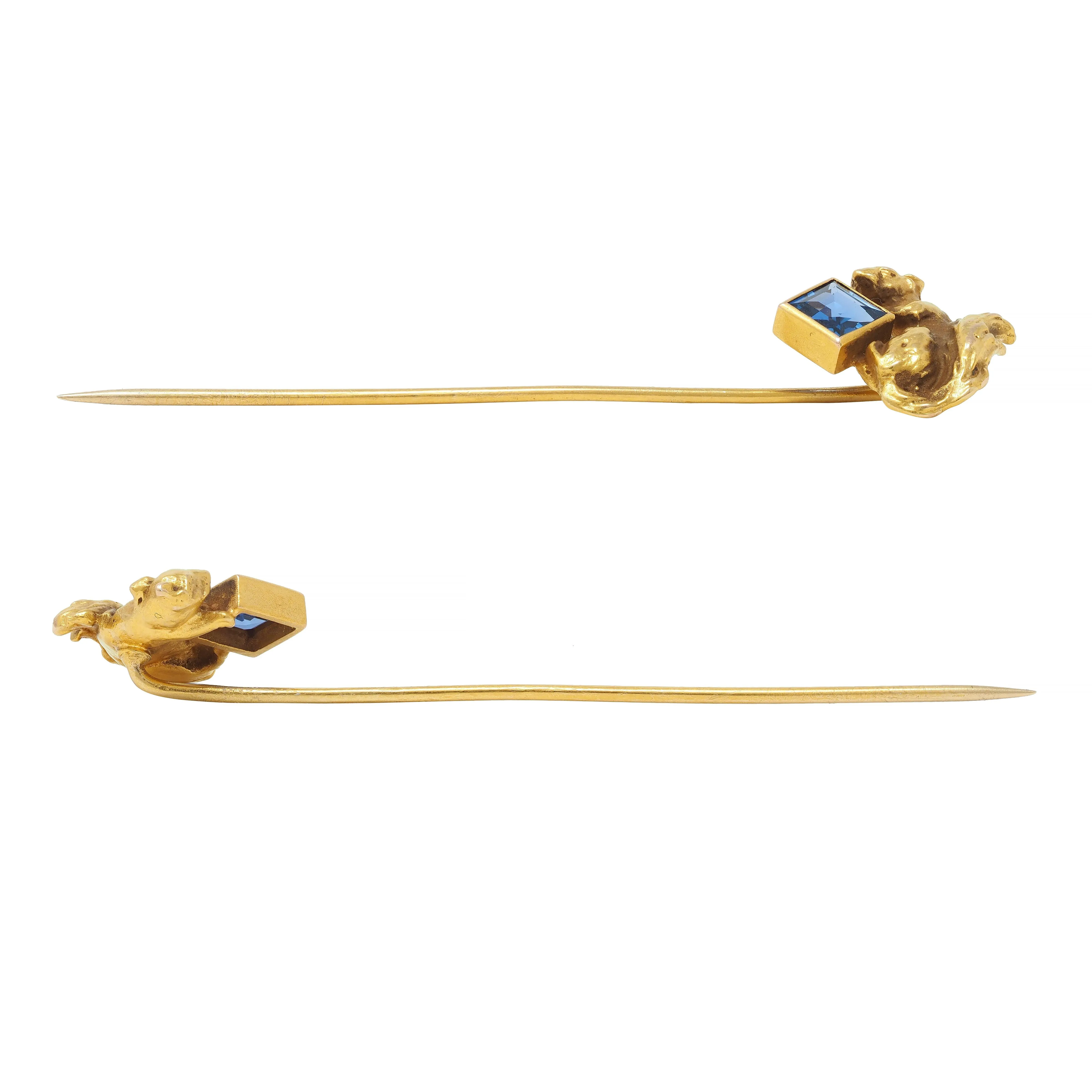 Antique Square Step Cut Sapphire 14 Karat Yellow Gold Squirrel Stickpin