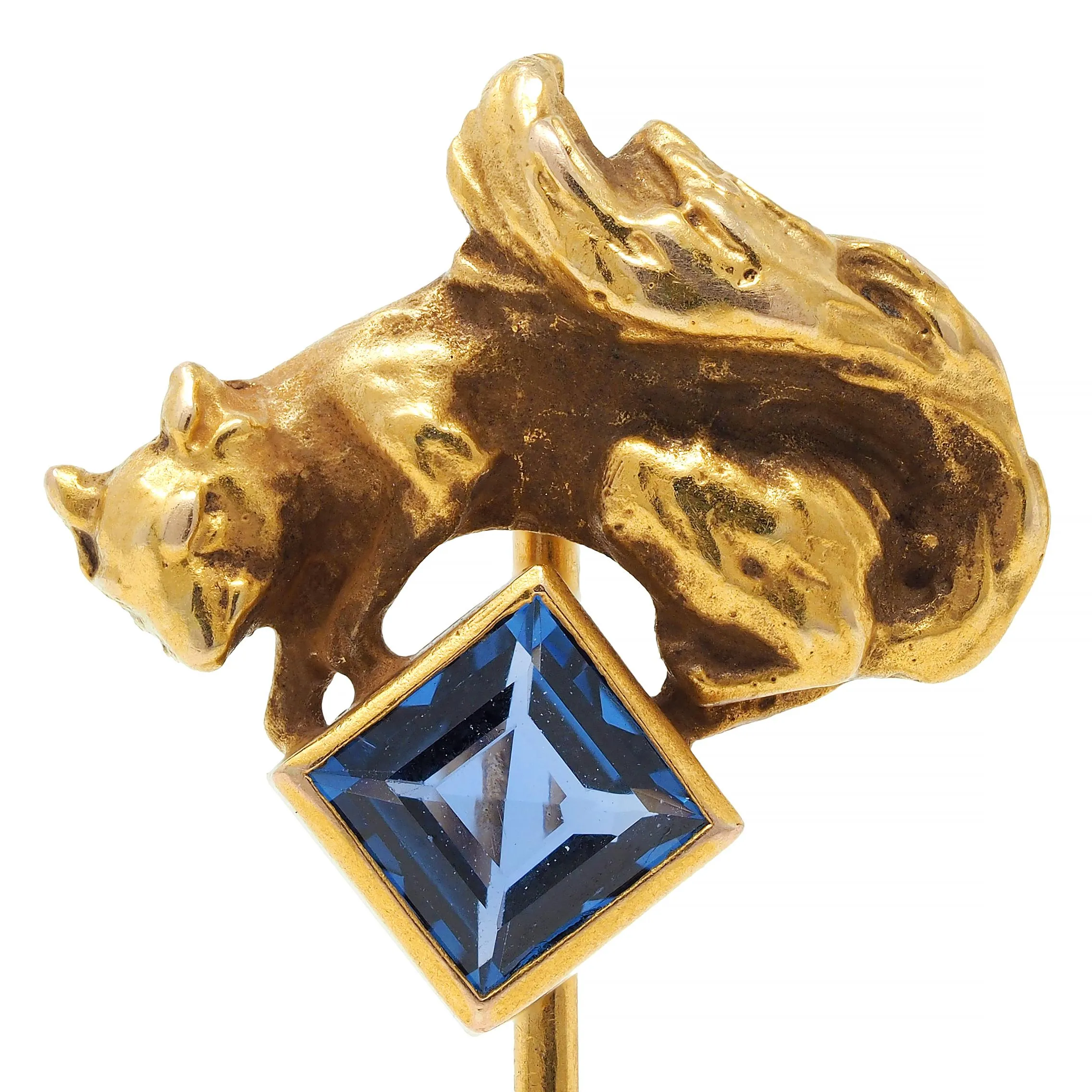 Antique Square Step Cut Sapphire 14 Karat Yellow Gold Squirrel Stickpin