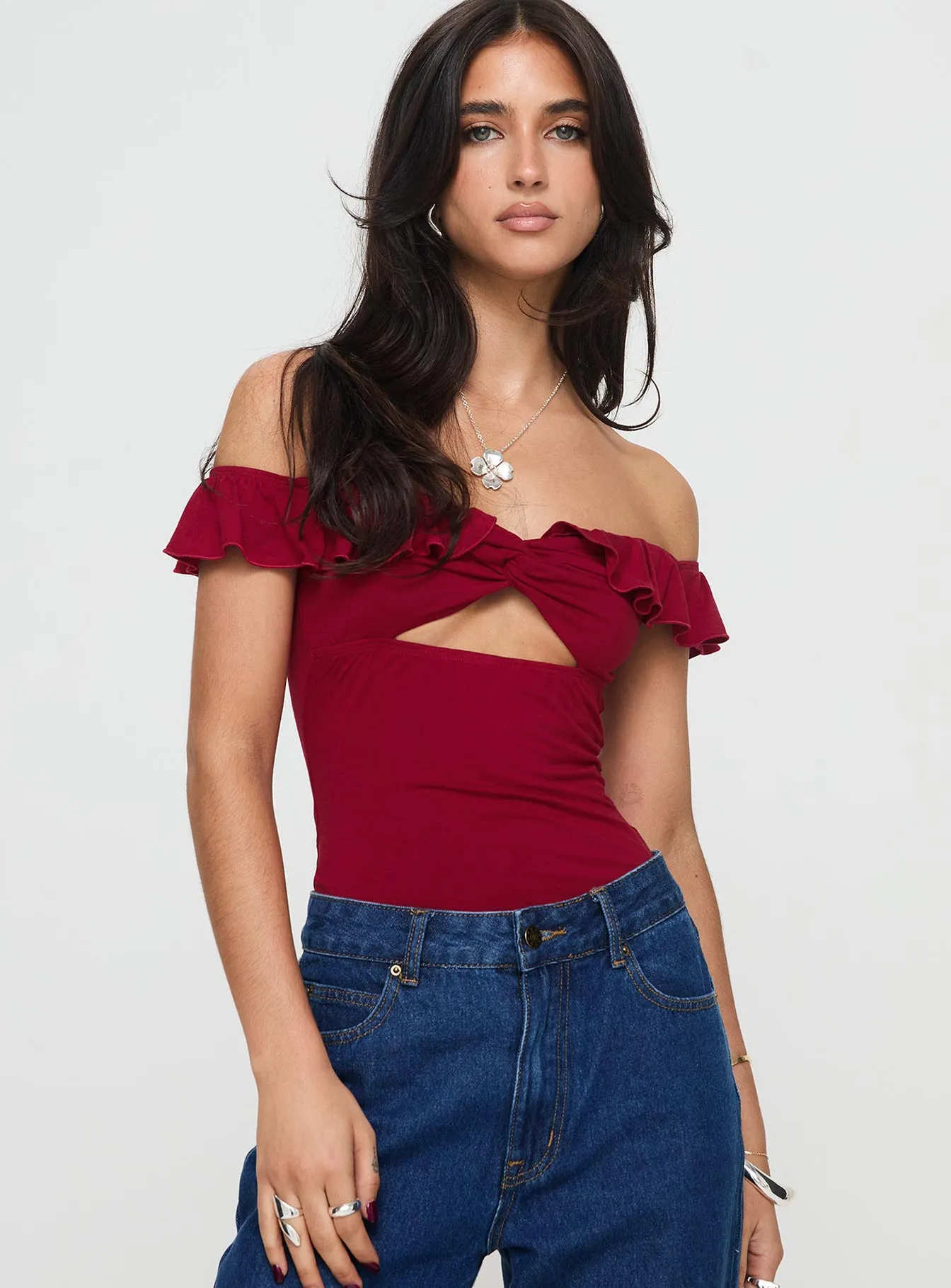 Be Careful Off The Shoulder Bodysuit Red