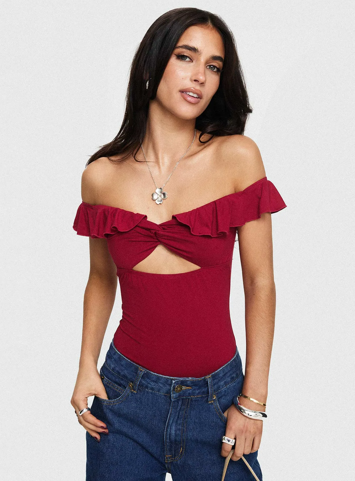 Be Careful Off The Shoulder Bodysuit Red