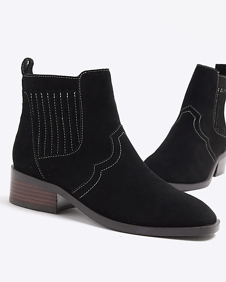 Black suede block heeled boots