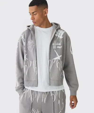 boohoo Mens Oversized Boxy All Over Print Graffiti Zip Through Hoodie