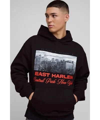 boohooMAN Mens Boxy East Harlem Box Graphic Hoodie