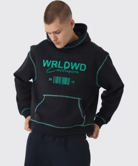 boohooMAN Mens Oversized Boxy Contrast Stitch WRLDWD Graphic Hoodie