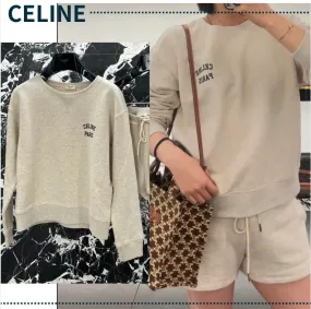 CELINE  |Long Sleeves Plain Cotton Logo Hoodies & Sweatshirts