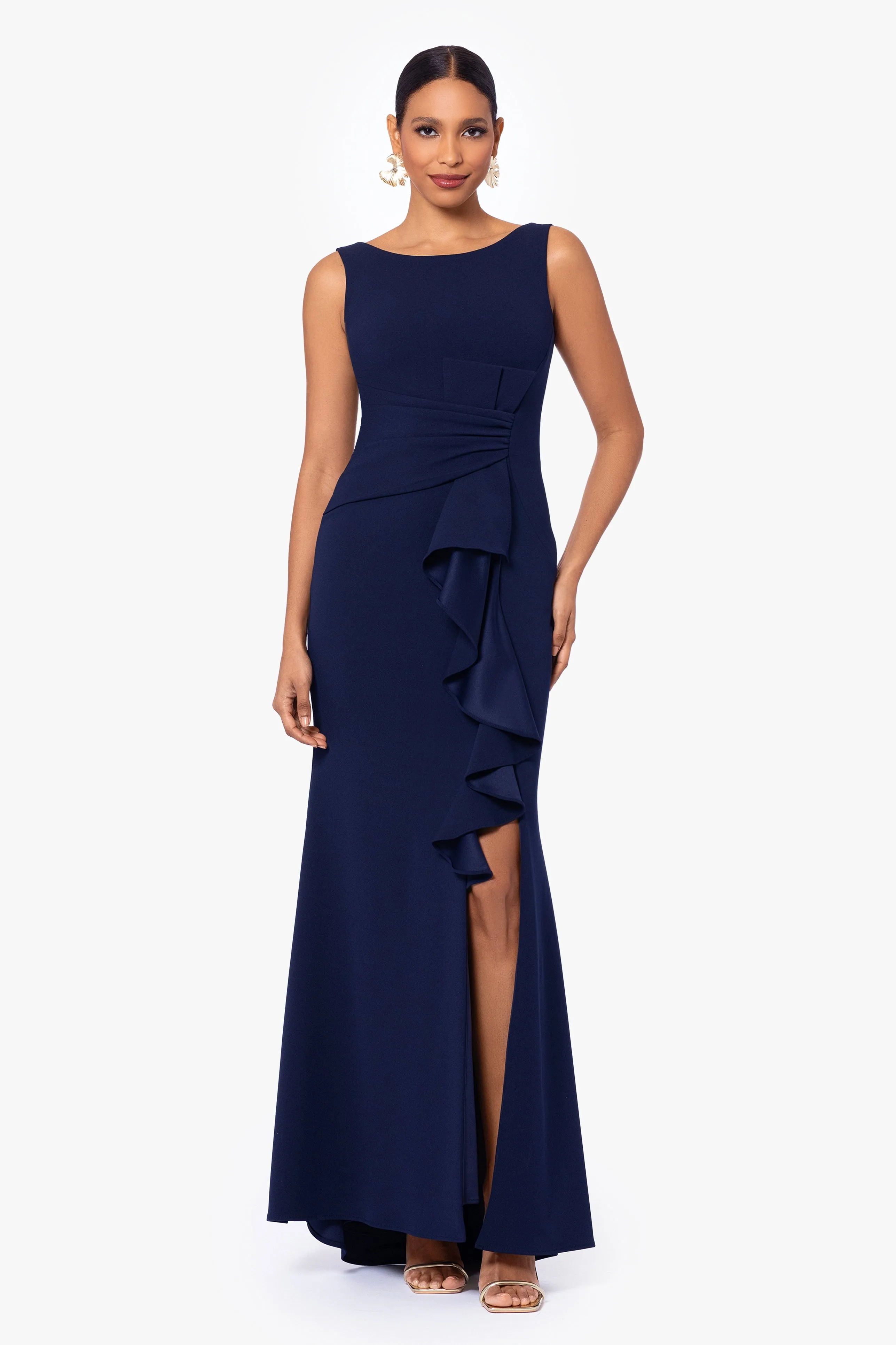 Christine Scuba Crepe Ruffled Bow Gown