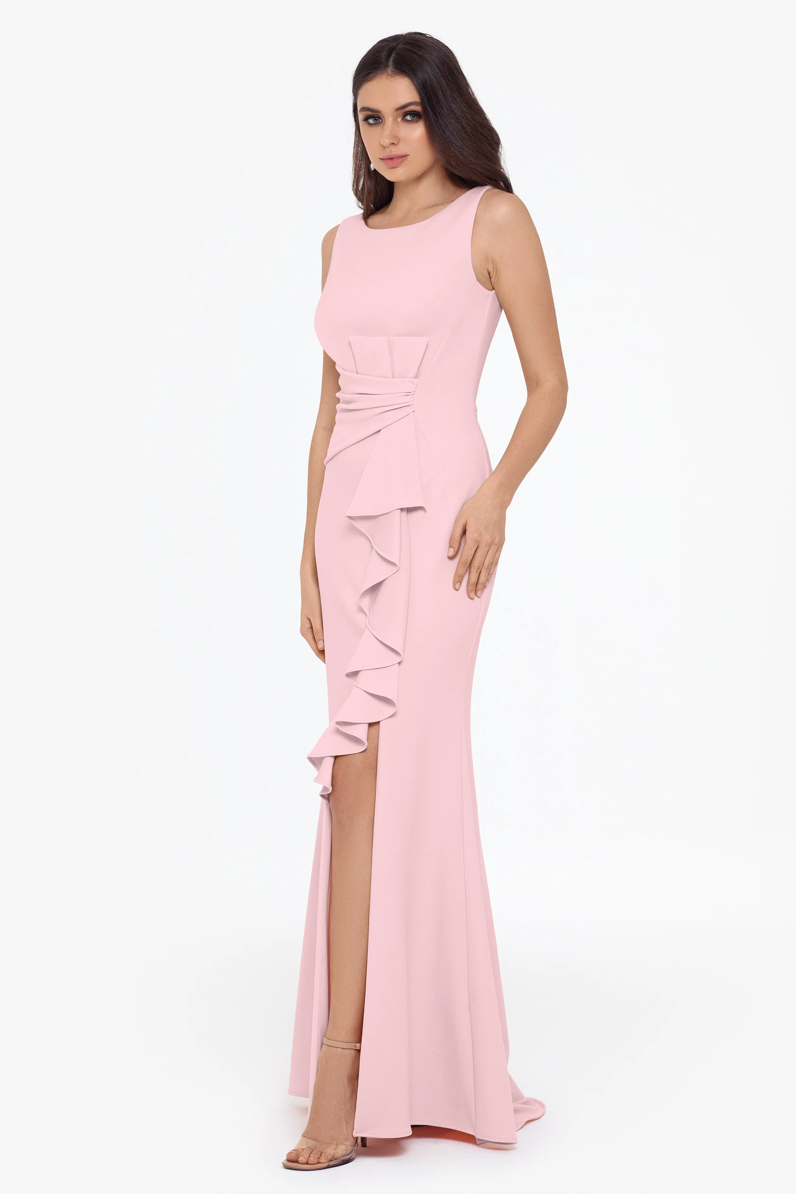 Christine Scuba Crepe Ruffled Bow Gown