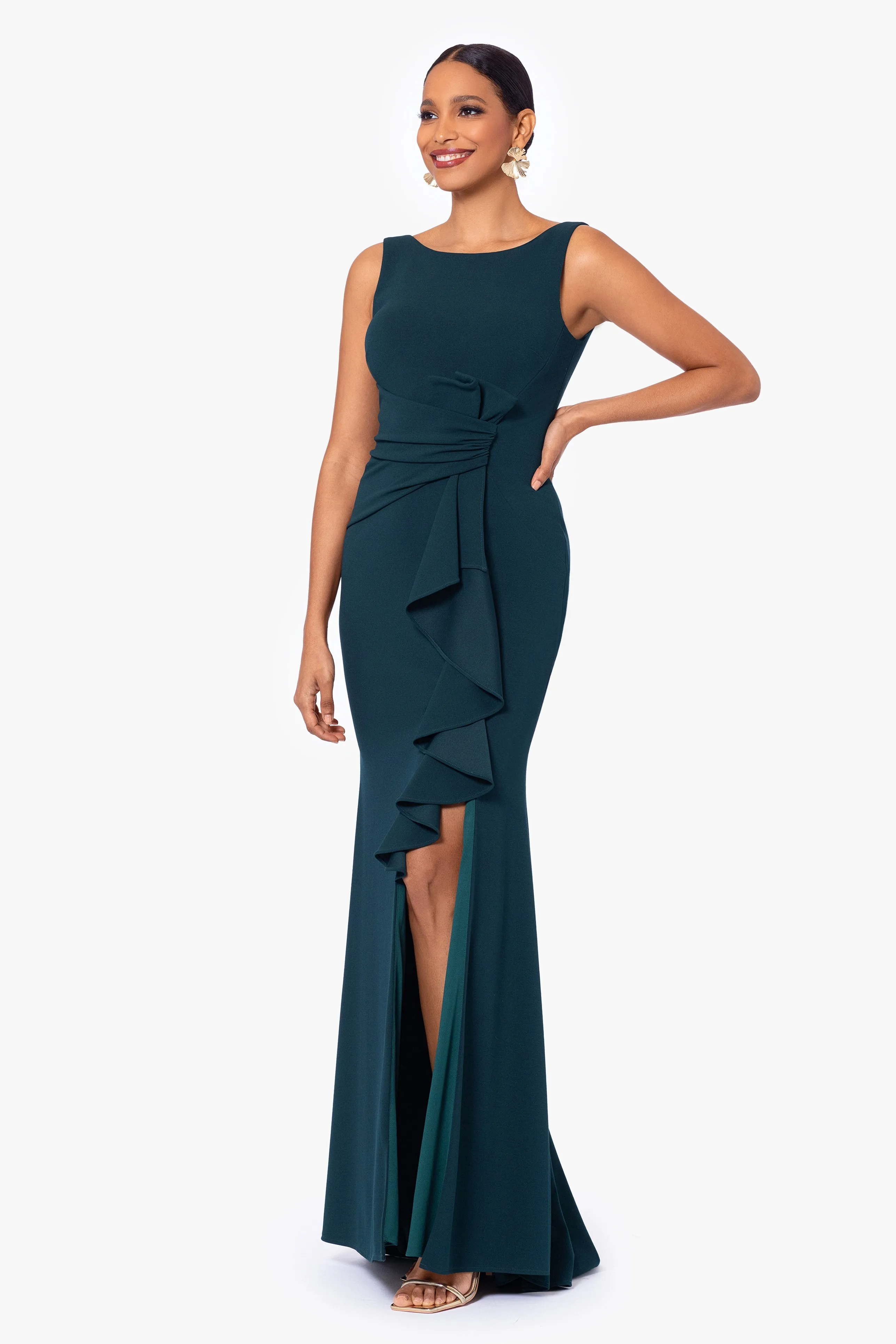 Christine Scuba Crepe Ruffled Bow Gown