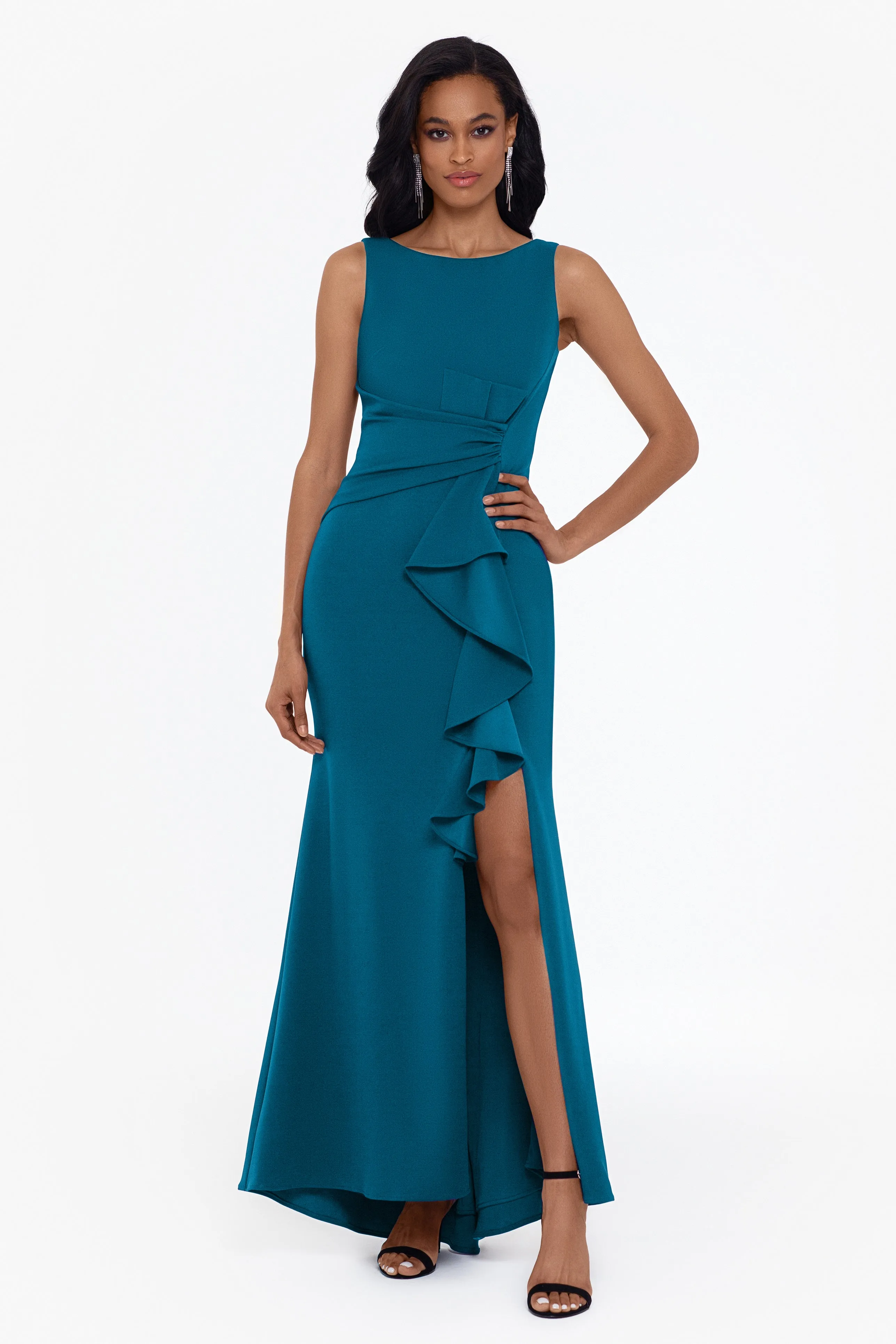 Christine Scuba Crepe Ruffled Bow Gown