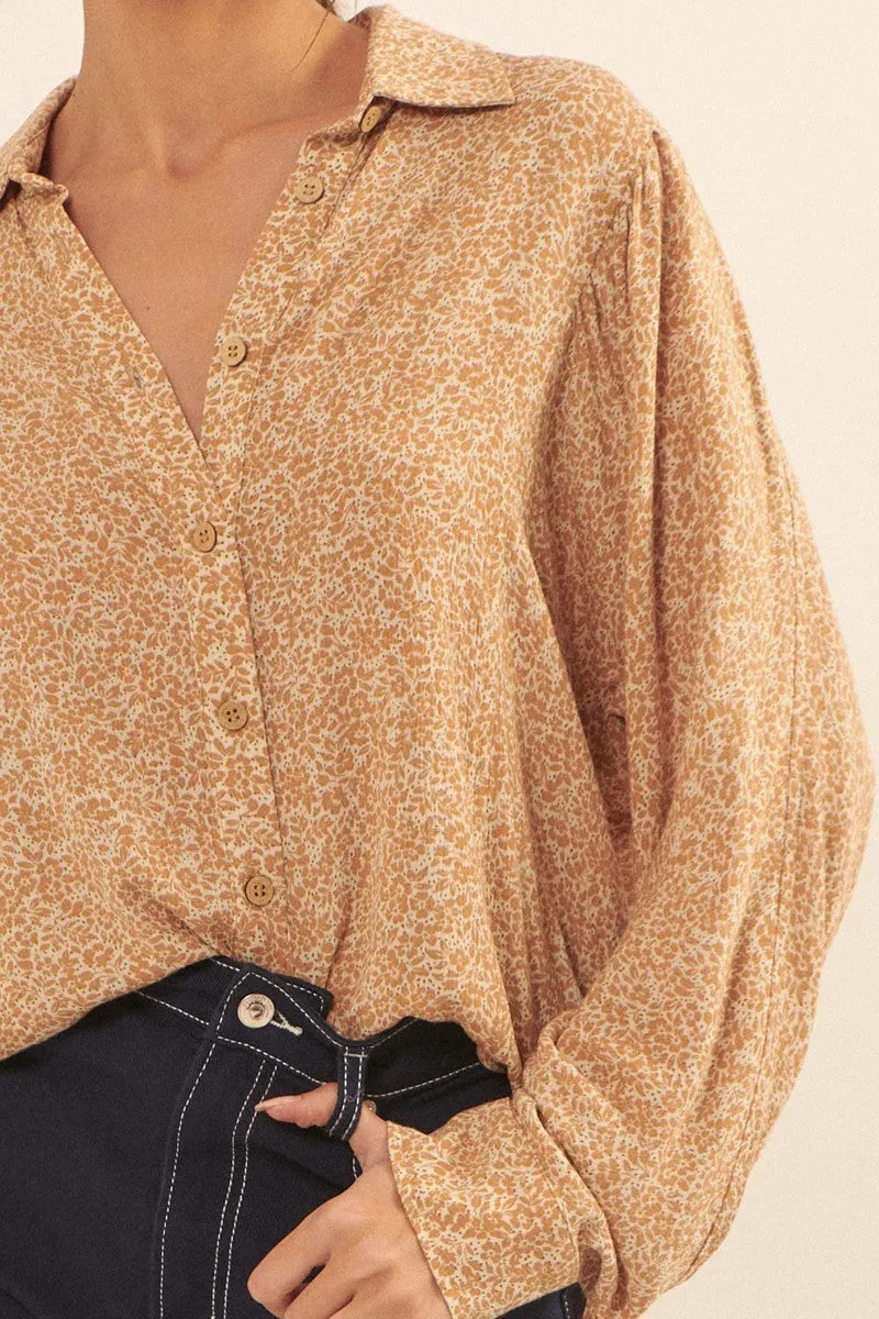 Collared Neckline Floral Print Shirt