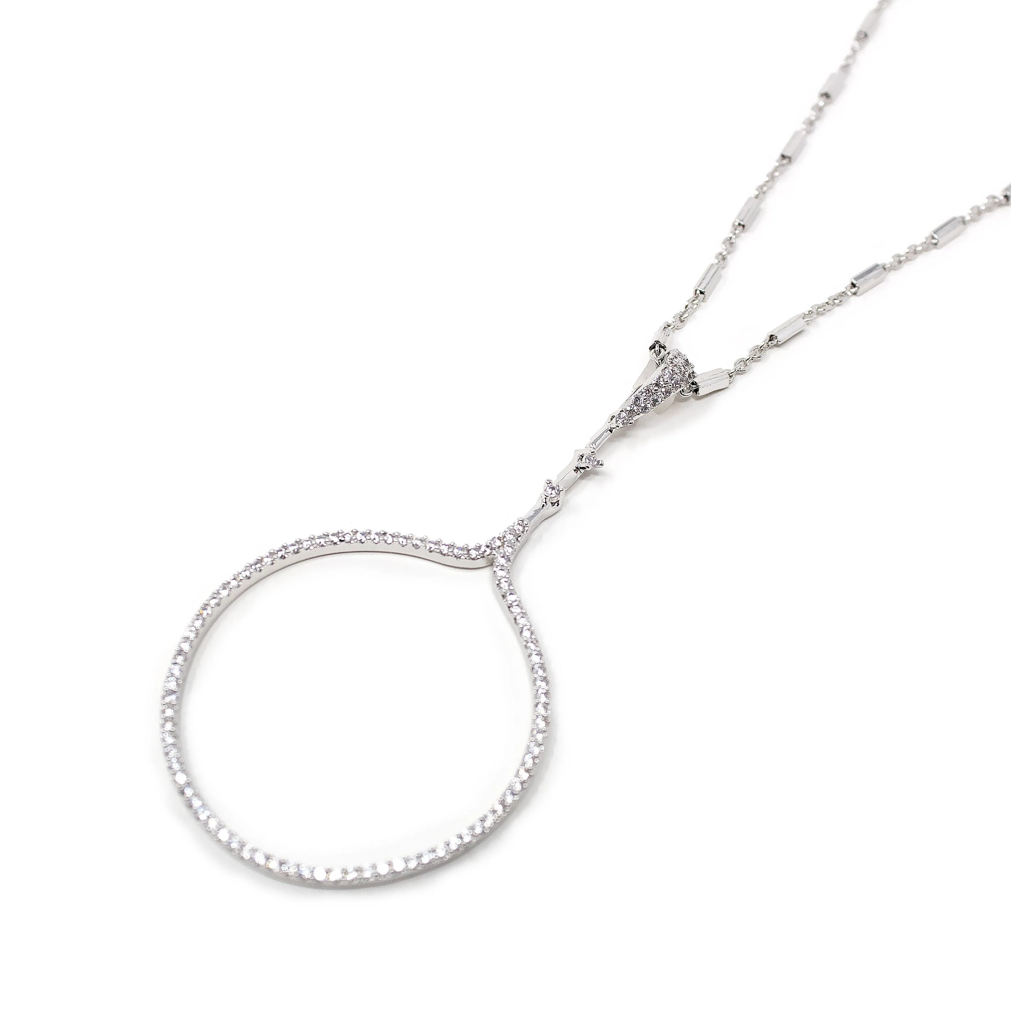 CZ Pave Open Circle Long Necklace Rhodium Pl