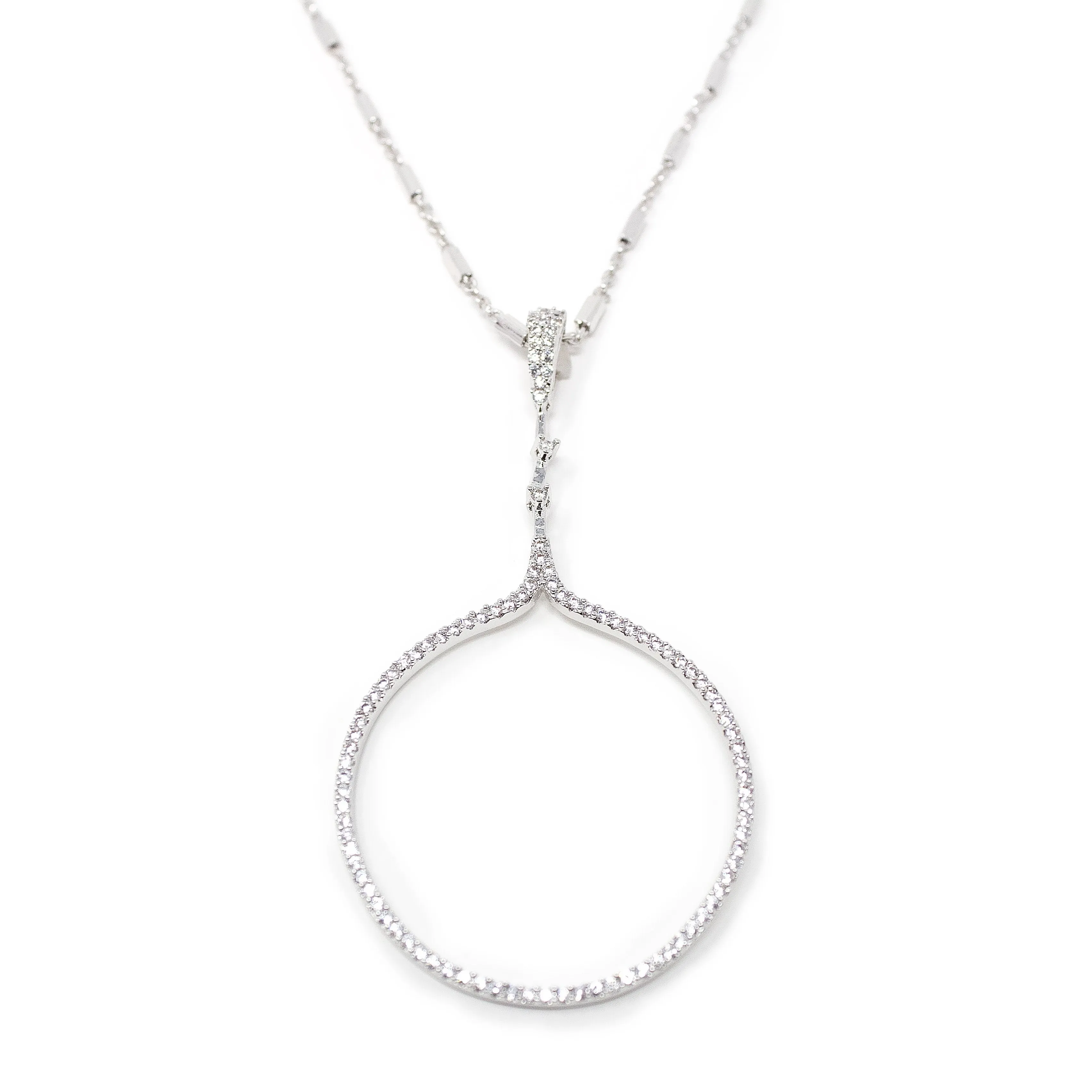 CZ Pave Open Circle Long Necklace Rhodium Pl