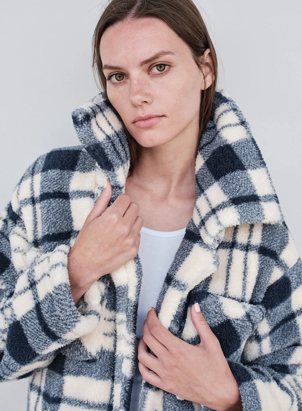 Double Faced Sherpa Jacket in Navy/Cream Plaid