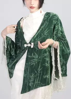 Elegant Green Tasseled Chinese Button Cotton Cape Coats Spring QA1019