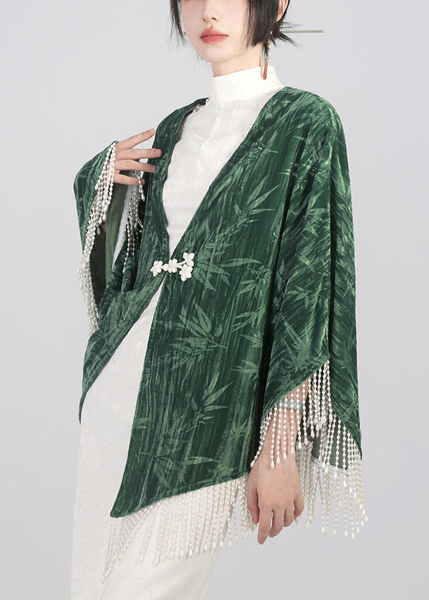 Elegant Green Tasseled Chinese Button Cotton Cape Coats Spring QA1019