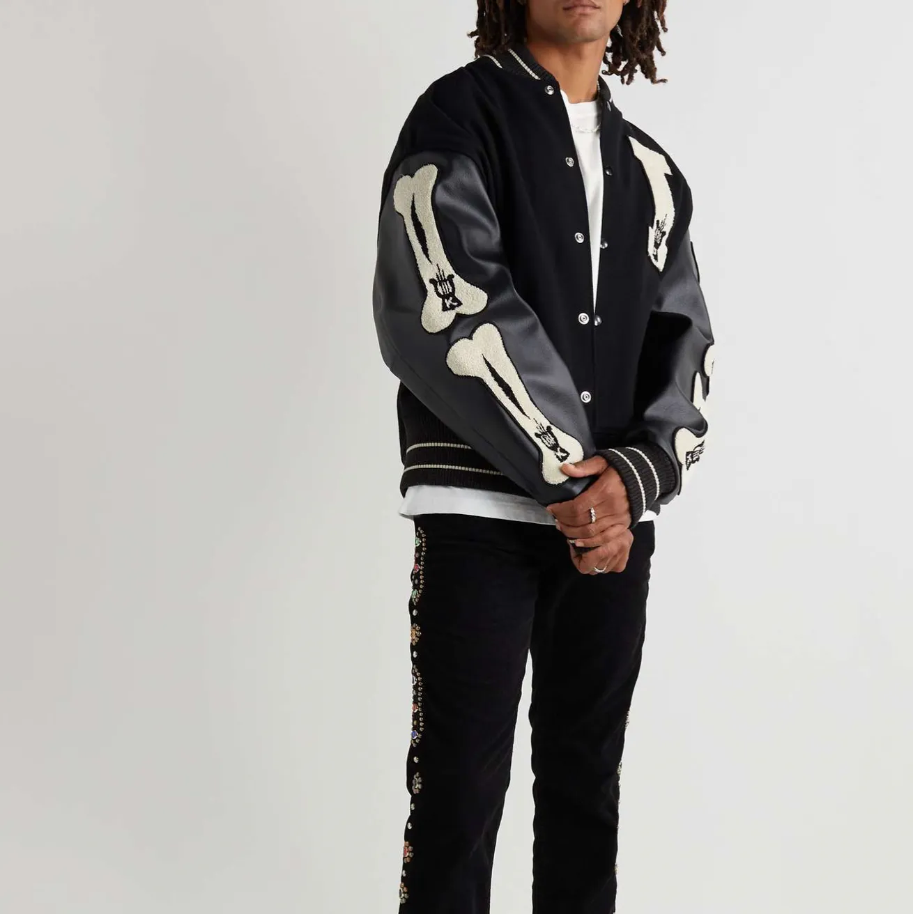 FAUX LEATHER AND WOOL-BLEND VARSITY JACKET - BLACK