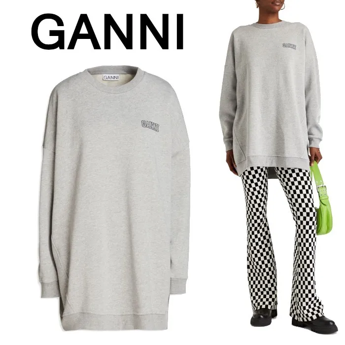 Ganni  |Crew Neck Long Sleeves Plain Cotton Logo