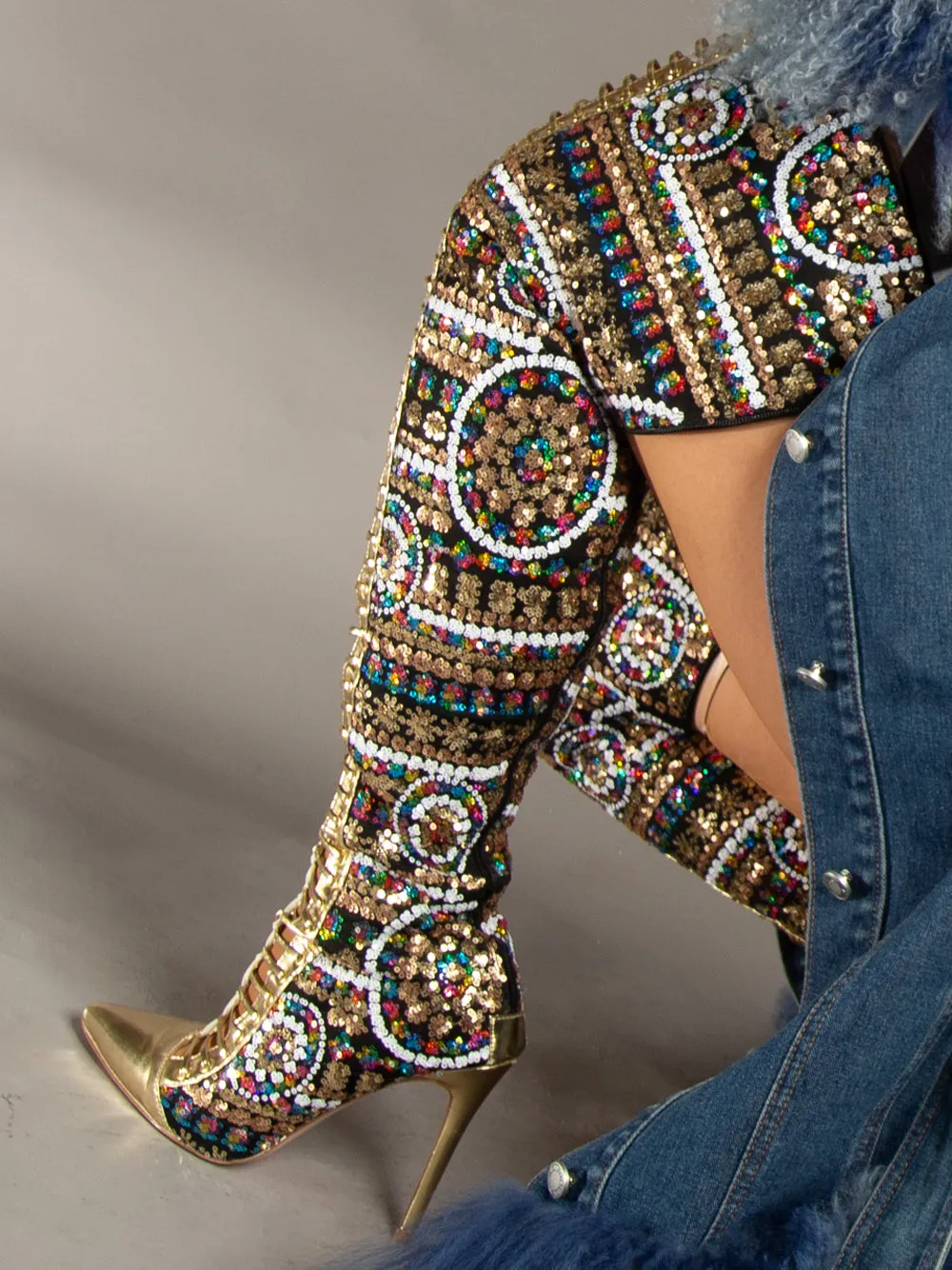 Gold Beaded Pointed Toe High Knee Heel Boots