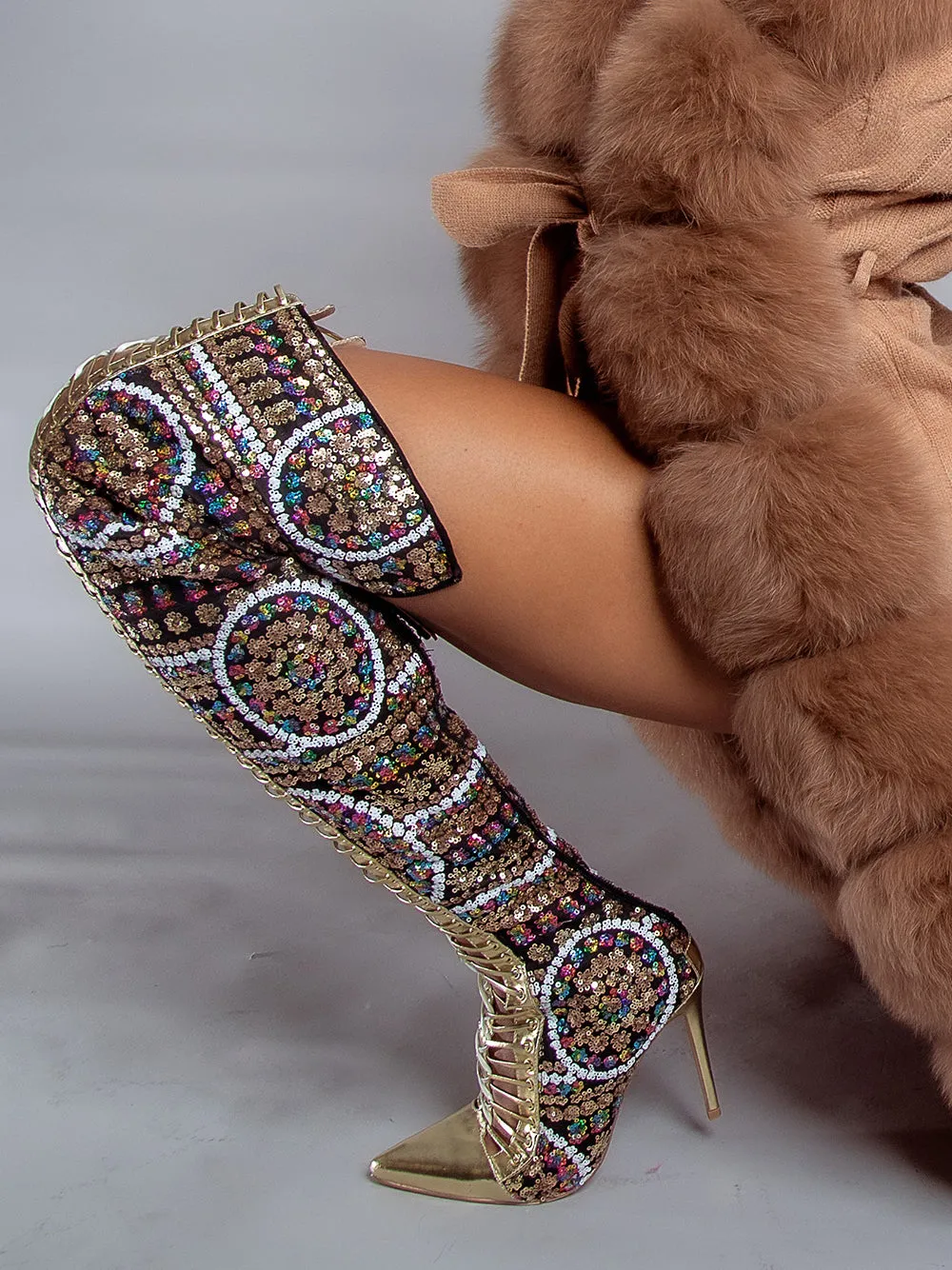 Gold Beaded Pointed Toe High Knee Heel Boots