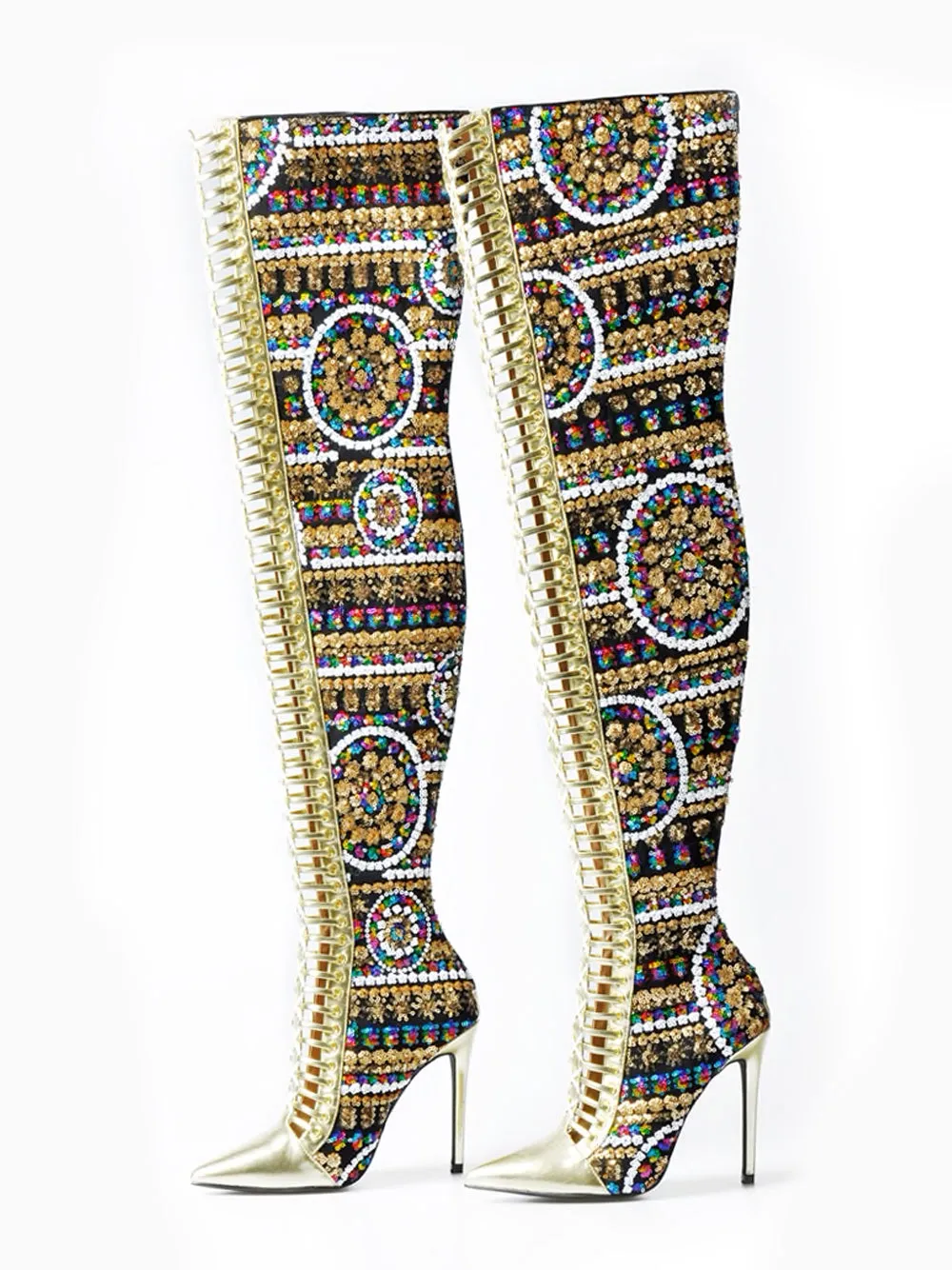 Gold Beaded Pointed Toe High Knee Heel Boots