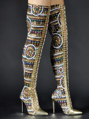 Gold Beaded Pointed Toe High Knee Heel Boots