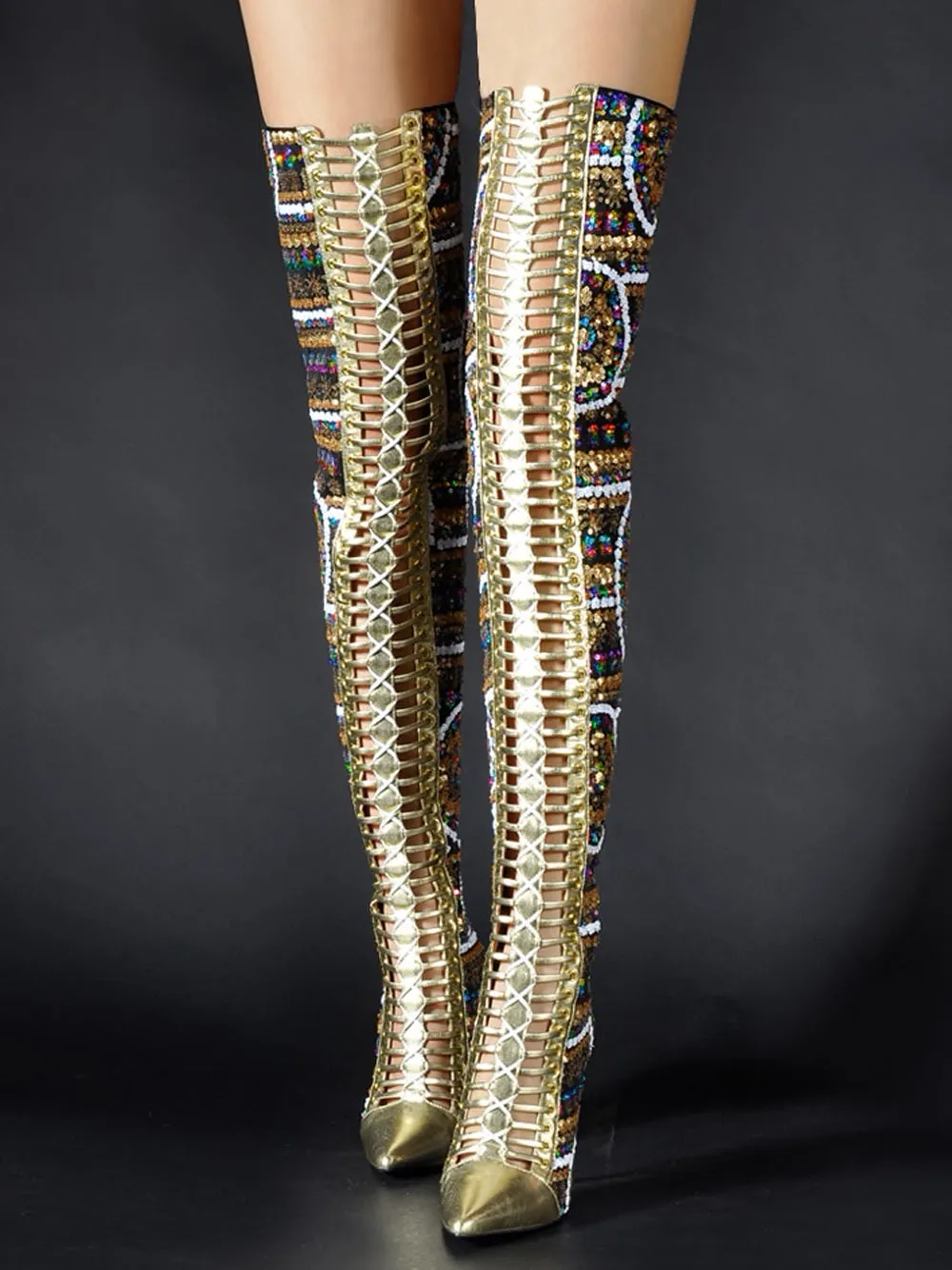 Gold Beaded Pointed Toe High Knee Heel Boots