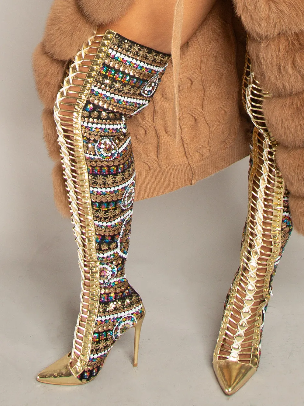 Gold Beaded Pointed Toe High Knee Heel Boots