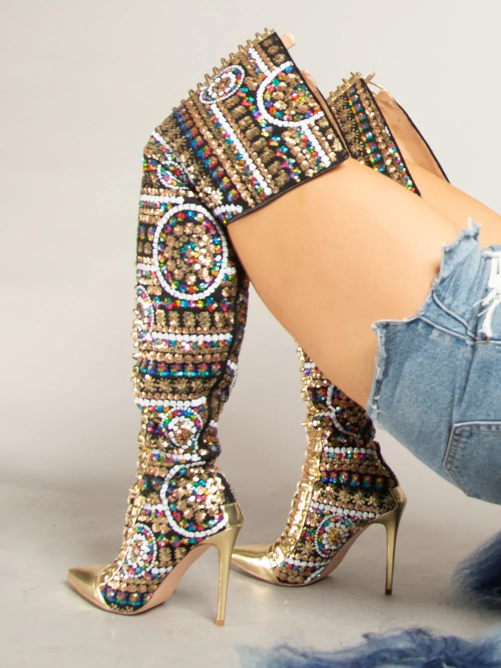 Gold Beaded Pointed Toe High Knee Heel Boots