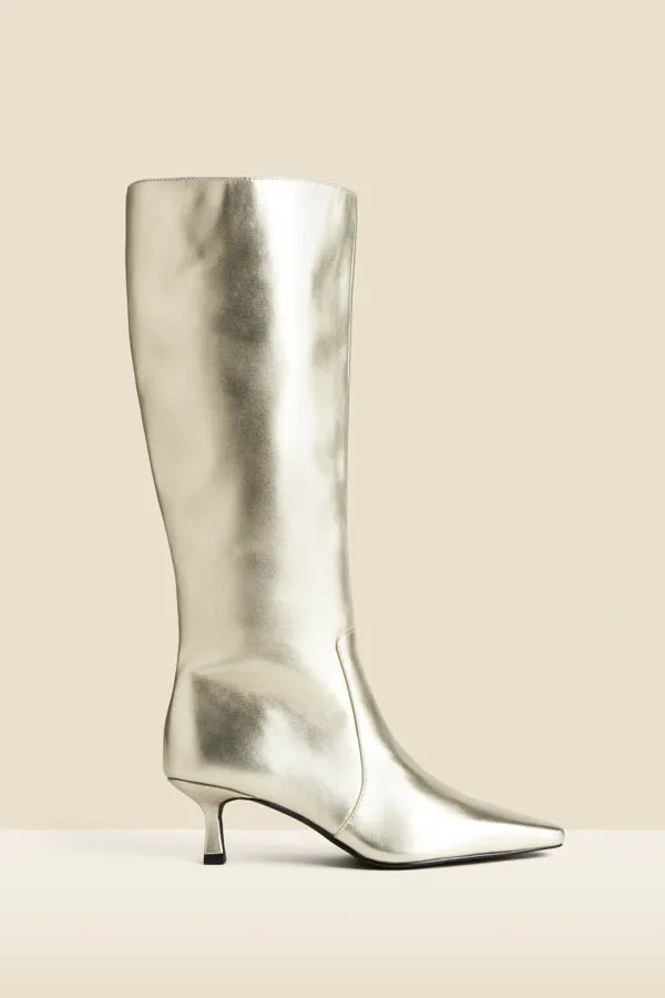 Gold Knee High Low Heel Boots