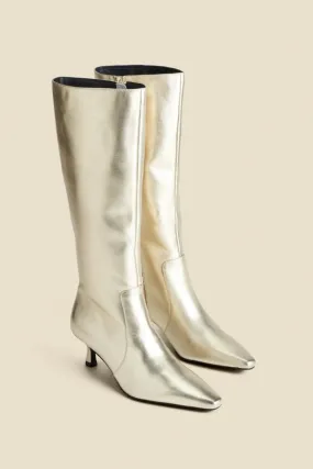 Gold Knee High Low Heel Boots