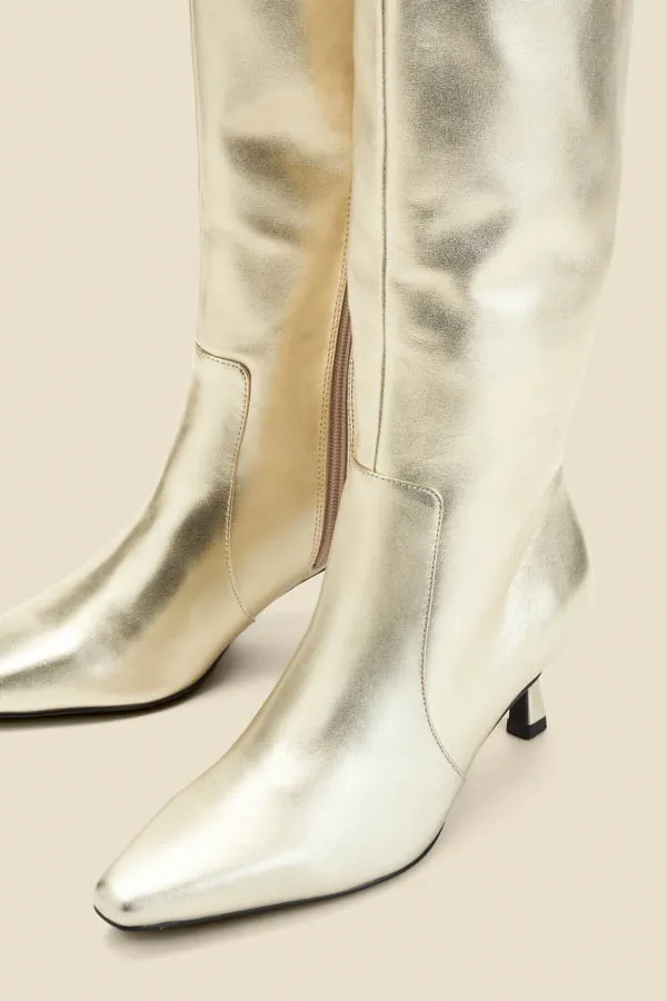 Gold Knee High Low Heel Boots