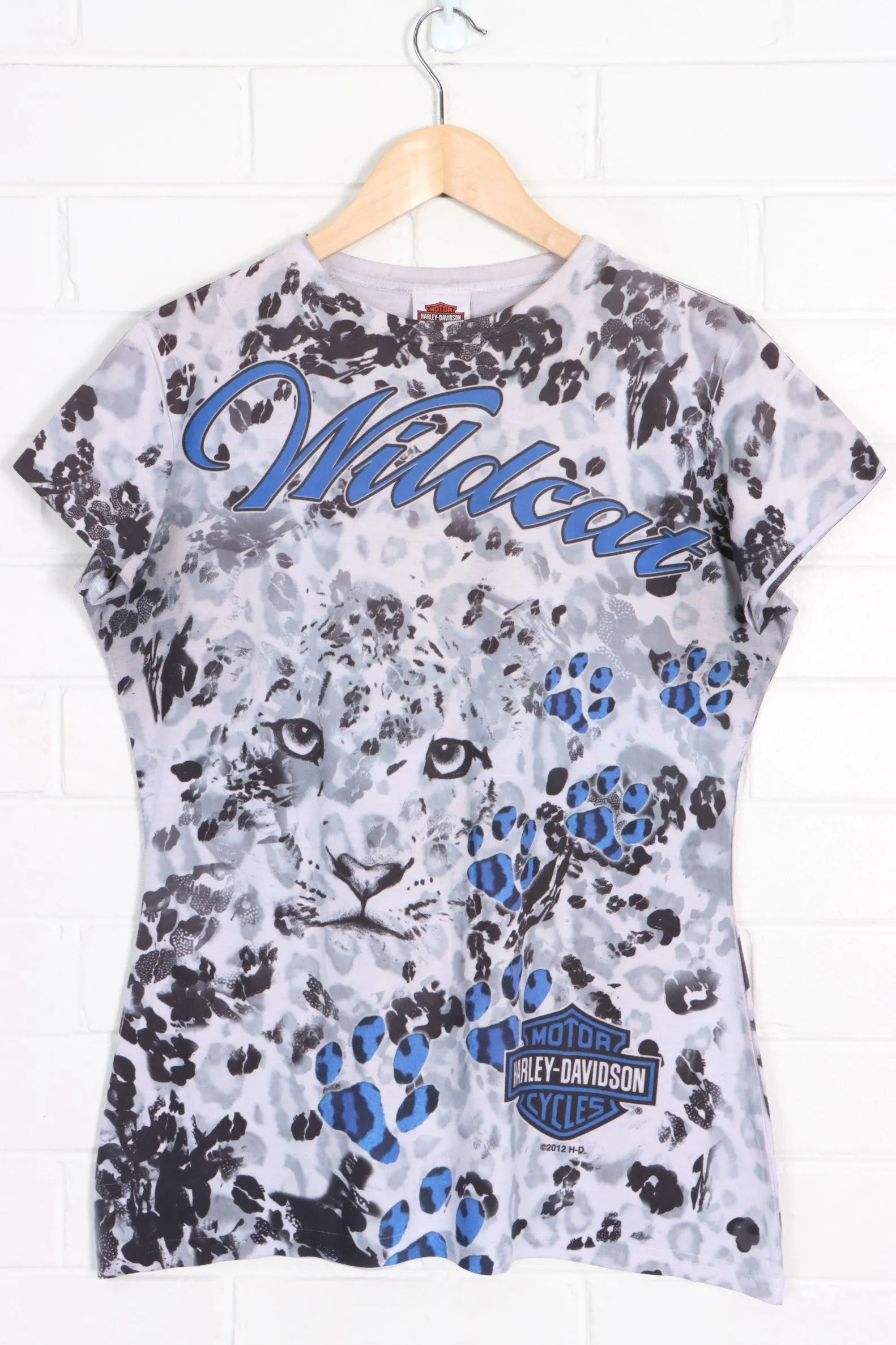 HARLEY DAVIDSON Wildcat Leopard Print All Over Cap Sleeve T-Shirt (Women's M)