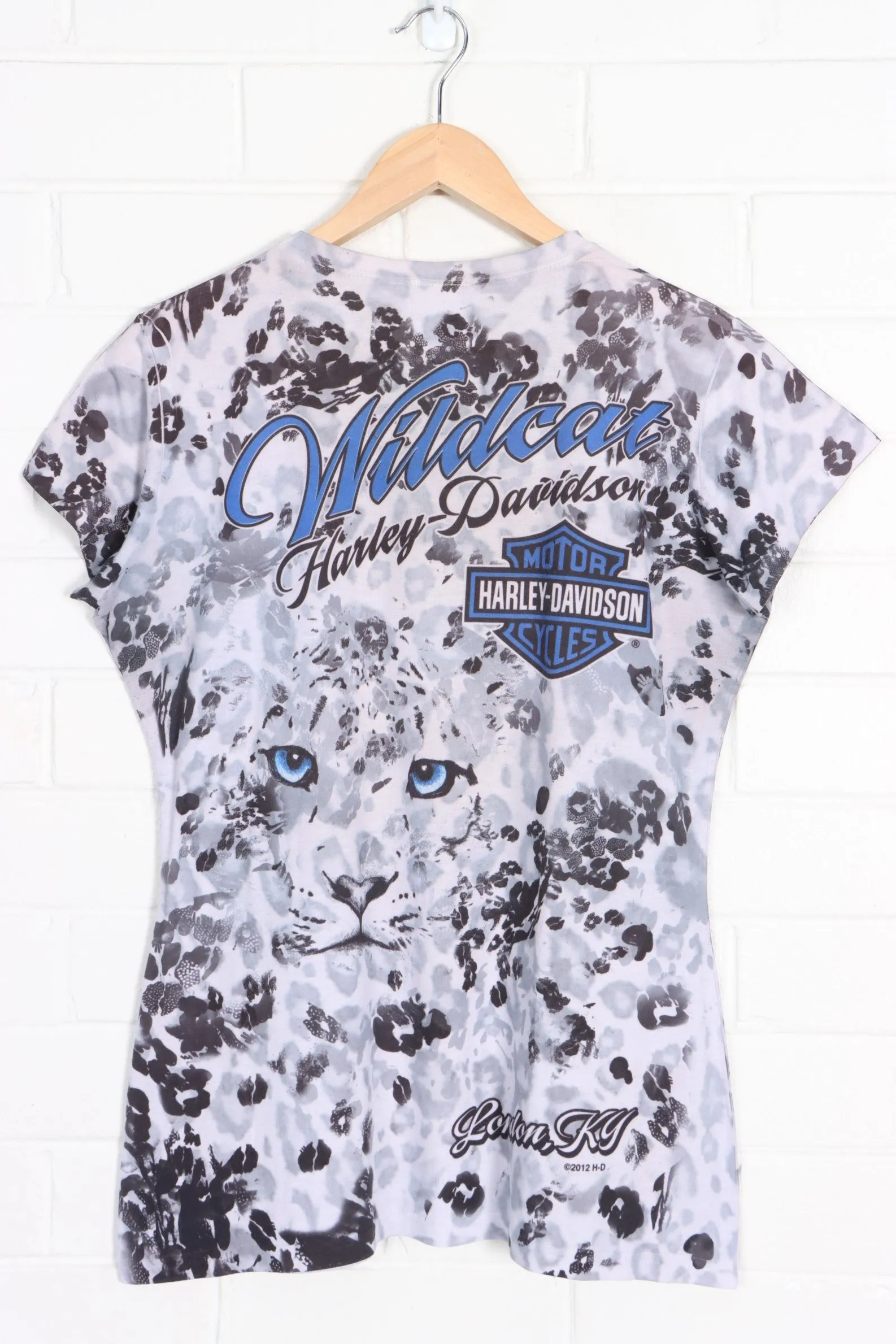 HARLEY DAVIDSON Wildcat Leopard Print All Over Cap Sleeve T-Shirt (Women's M)