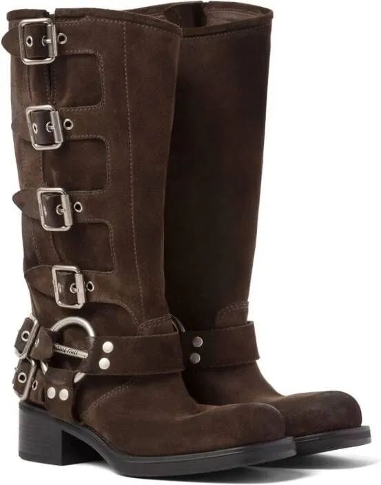 Miu buckle-detail block-heel boots Brown