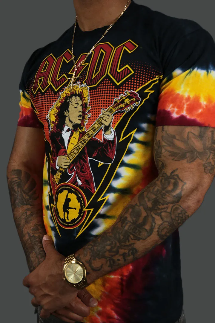 Retro AC/DC Angus Lighting Tie Dye TShirt | Black