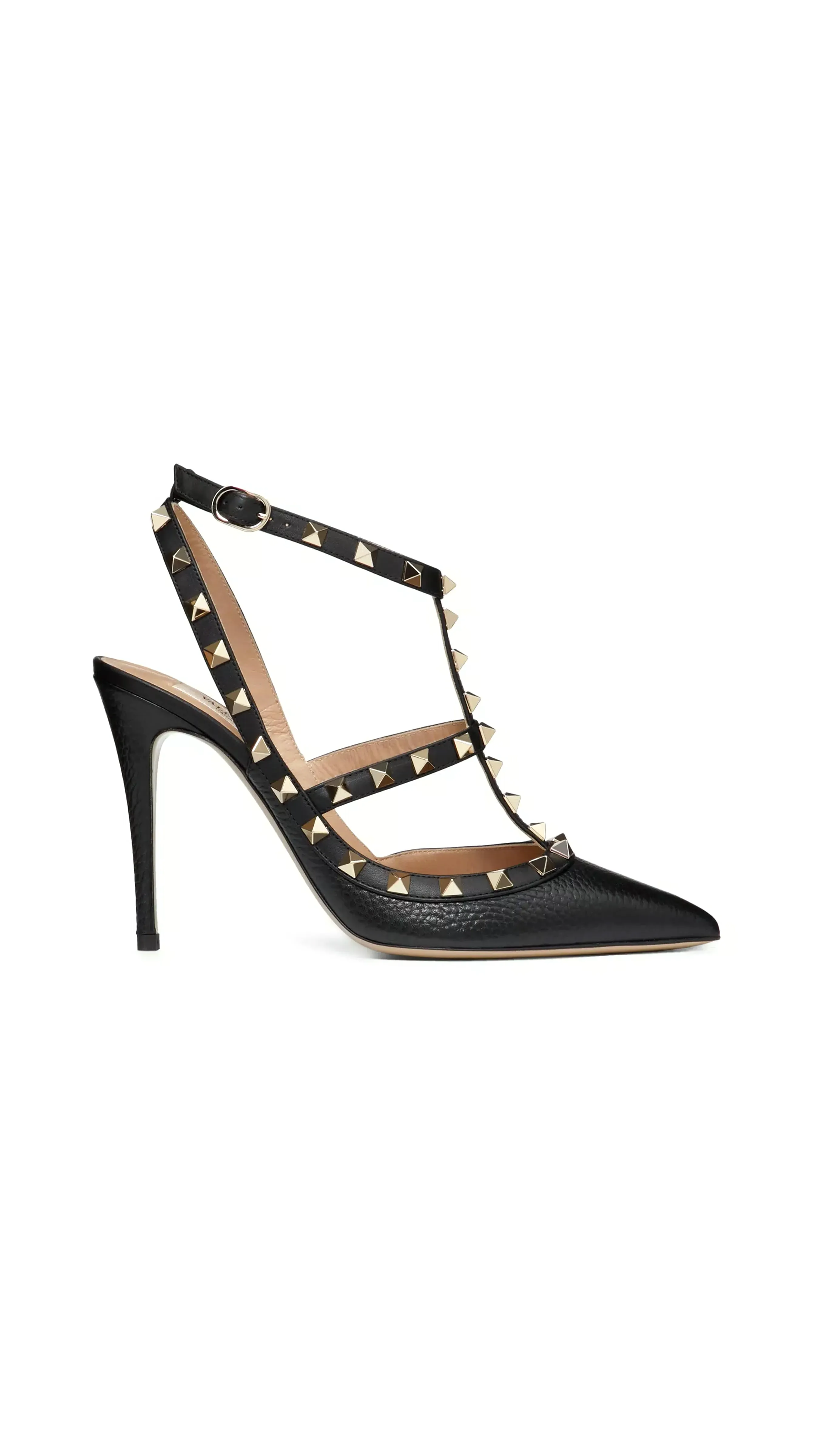 Rockstud Grainy Leather Ankle Strap Pump 100 MM - Black