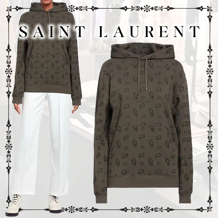 Saint Laurent  |Leopard Patterns Wool Sweat Nylon Long Sleeves Cotton Logo