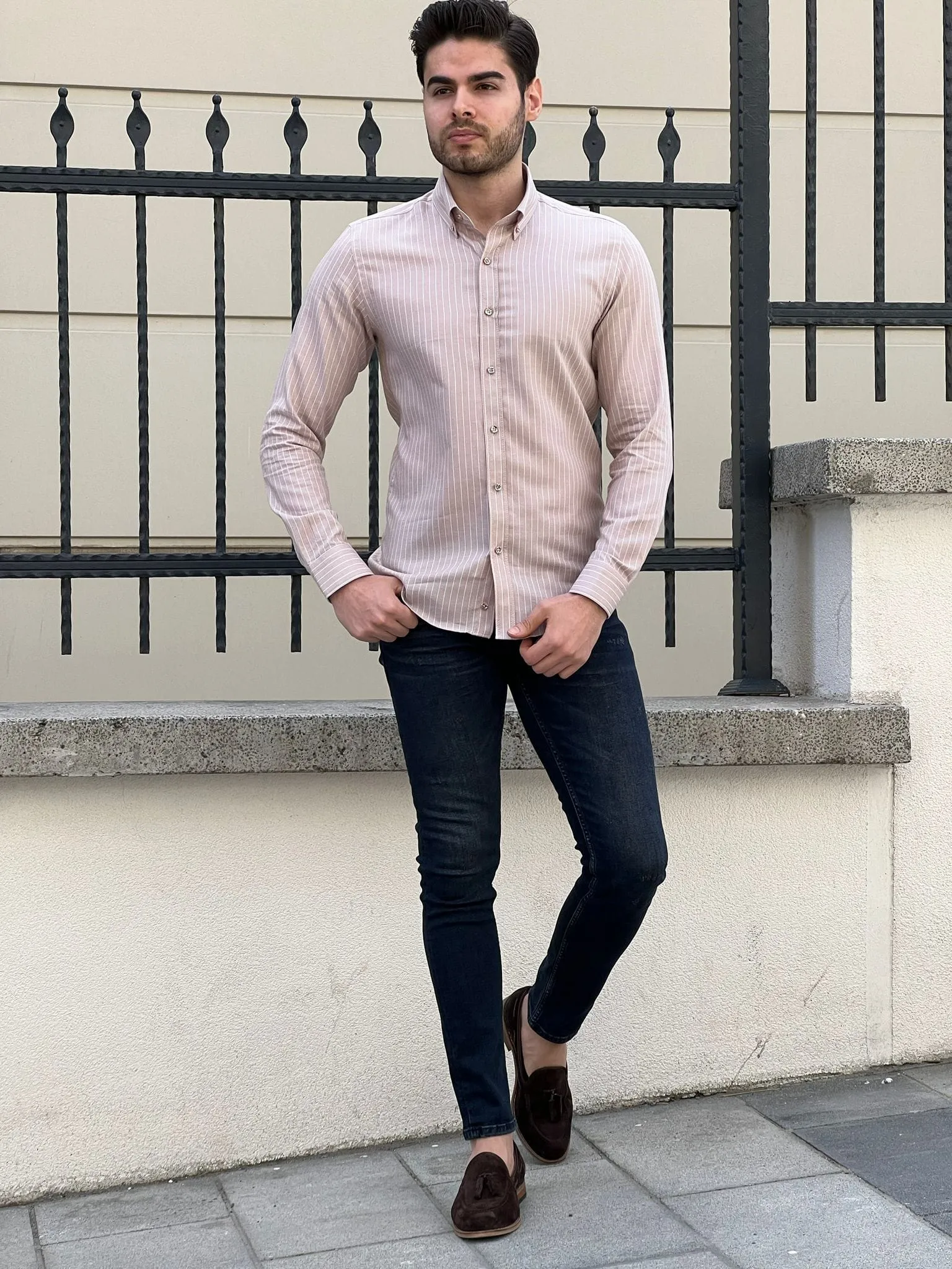 Slim Fit Striped Cotton Beige Shirt