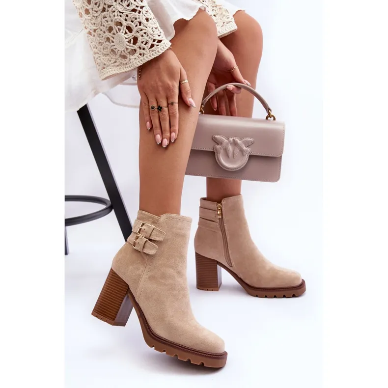 Suede High Heel Boots Beige Makeline