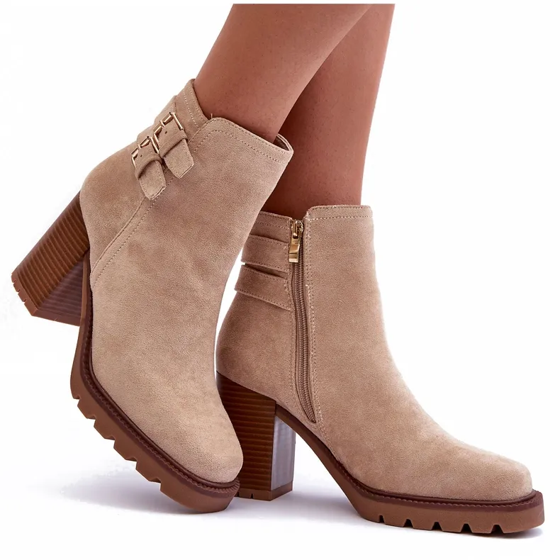 Suede High Heel Boots Beige Makeline