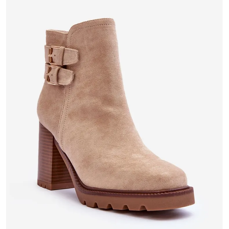 Suede High Heel Boots Beige Makeline