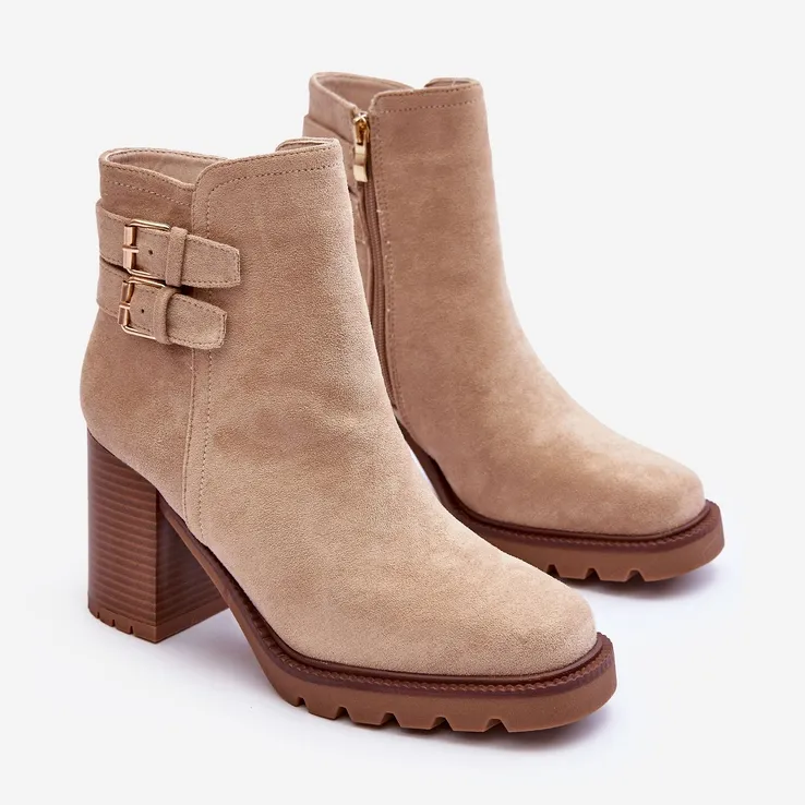 Suede High Heel Boots Beige Makeline