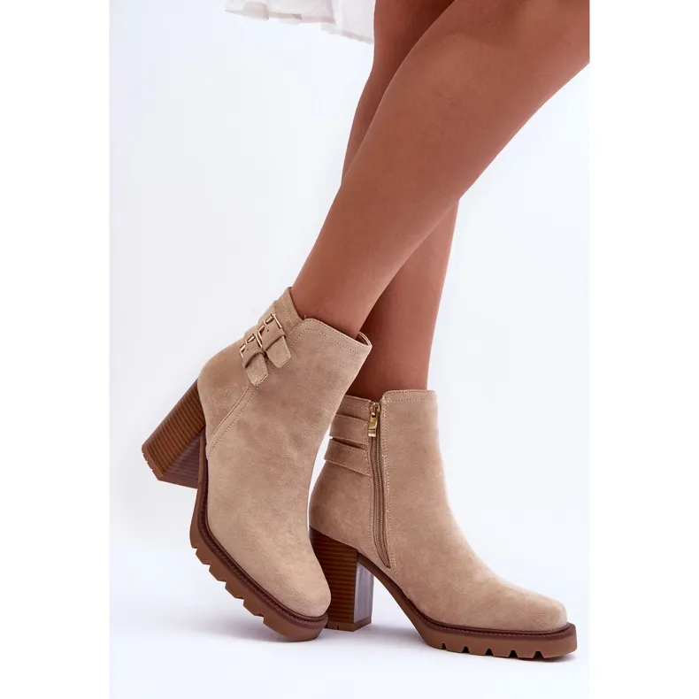 Suede High Heel Boots Beige Makeline