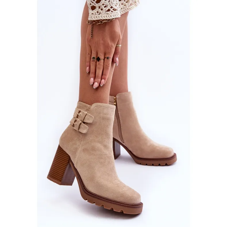 Suede High Heel Boots Beige Makeline