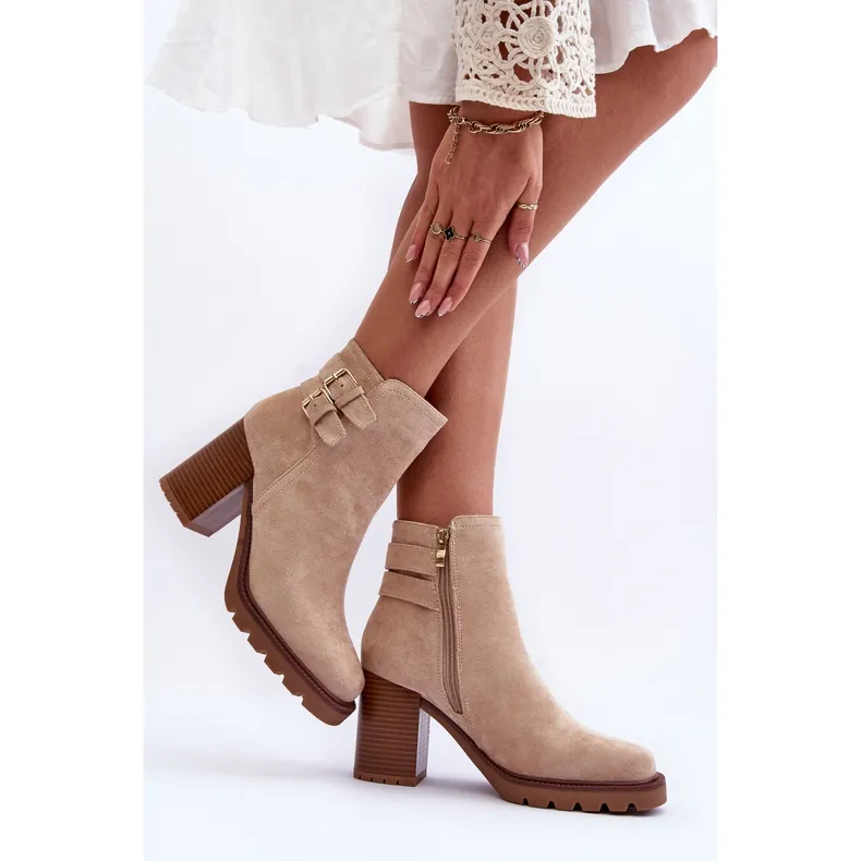 Suede High Heel Boots Beige Makeline