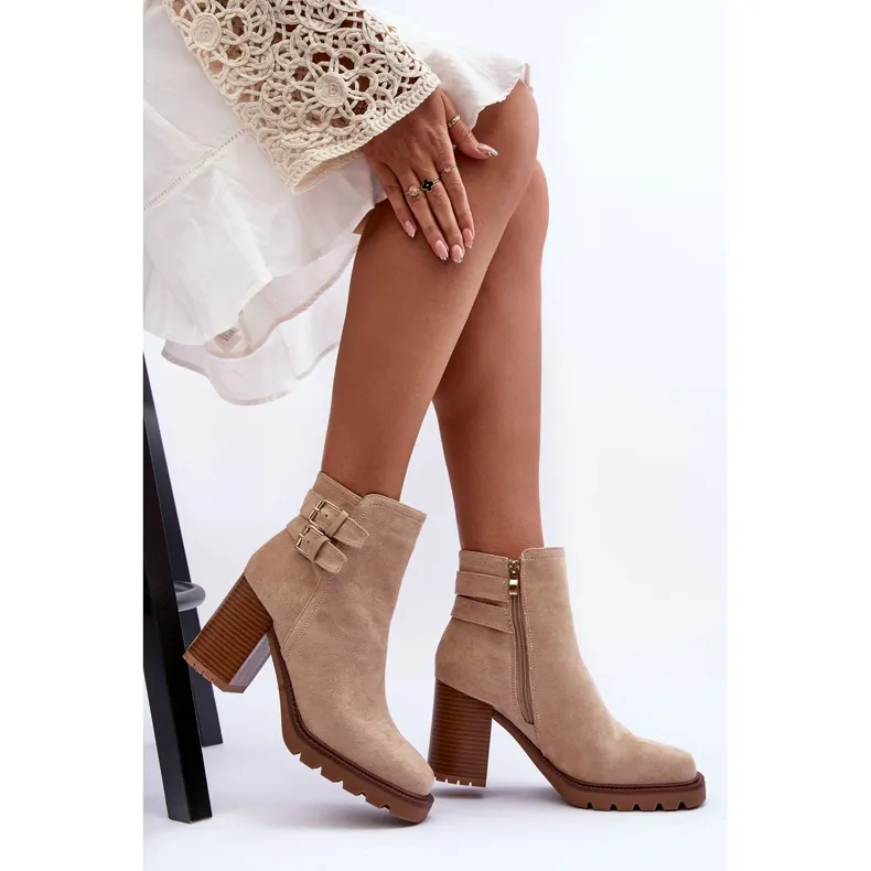 Suede High Heel Boots Beige Makeline