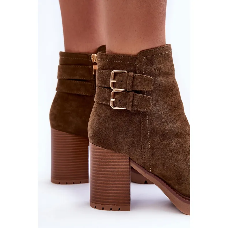 Suede High Heel Boots Olive Makeline brown